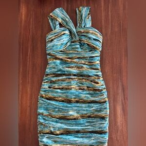 Carmen Marc Valvo Blue and Gold Striped Dress